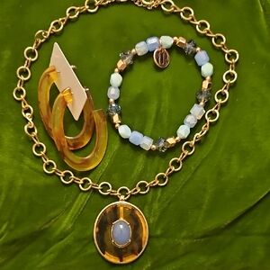 Gold-Tone Pendant 15-17" Necklace + Blue Beaded Bracelet Earrings Set